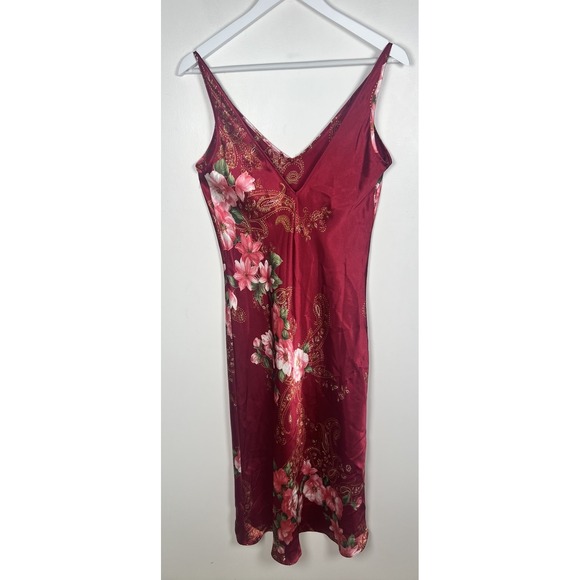 Vtg CALAFORNIA Dynasty Size Small Red Floral Satin MIDI Fitted Slip Dress - Picture 3 of 10